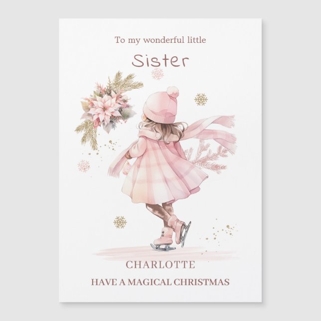 Schwester Christmas Skaten Little Girl Magnetkarte (Vorderseite)