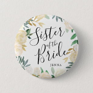 Schwester der Braut   White Rose Bouquet Wedding Button