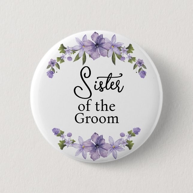 Schwester des Bräutigams Lila Blumen Hochzeit  Button (Vorderseite)
