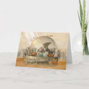 Schwester-Erntedank-Karte mit Fairy in einem Globe Feiertagskarte