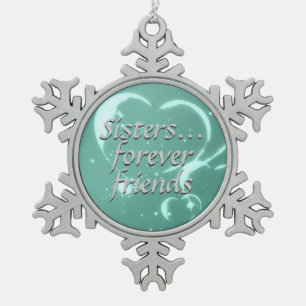 Schwester-für immer Freund-Liebe-Aqua-Grün-Herze Schneeflocken Zinn-Ornament