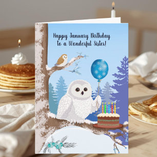 Schwester Glücklicher Januar Geburtstag Schneeeule Karte