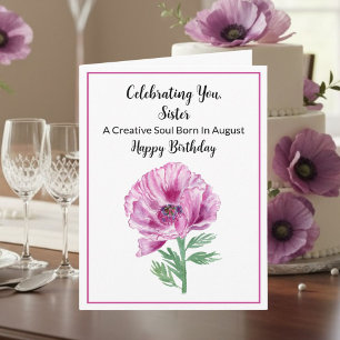Schwester Happy August Geburtstag Purpur Mohn Karte