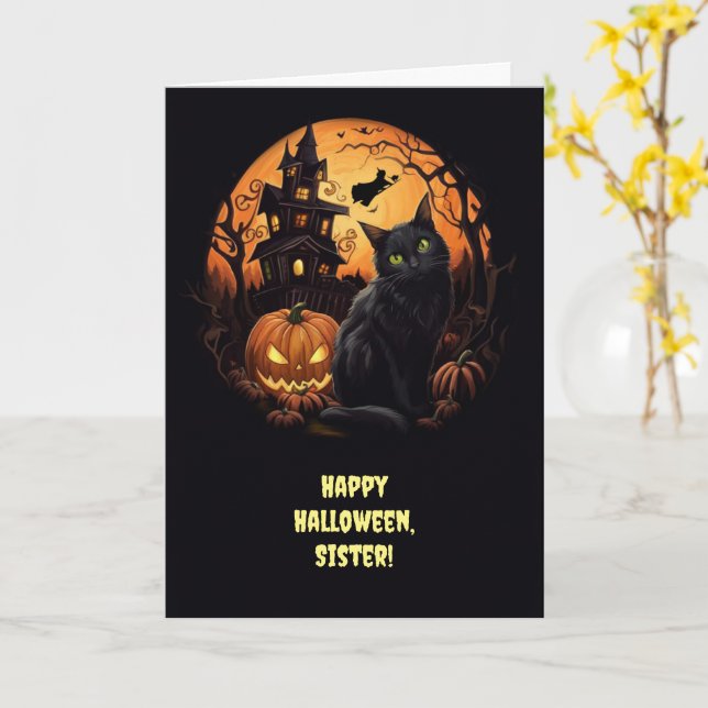Schwester Happy Halloween Katze und Hexe mit Hahne Karte (Gelbe Blume)