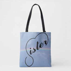 Schwester und Regenbogen auf einer Tasche, die übe