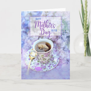 Schwestercup der Tee und der violetten Blumen Mutt Feiertagskarte
