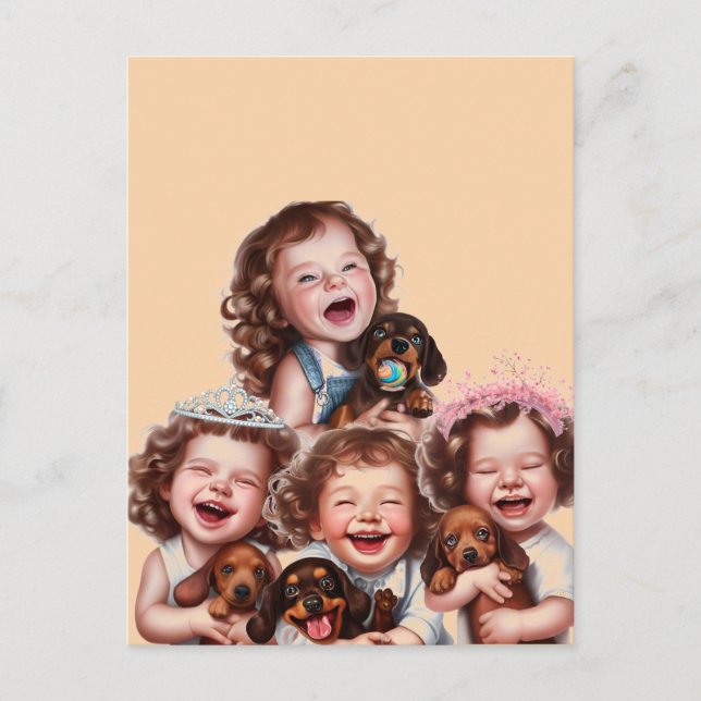 Schwestern und Dackel Welpen Postkarte (Vorderseite)