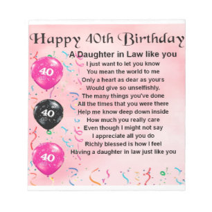 Schwiegertochter-Gedicht - 40. Geburtstag Notizblock