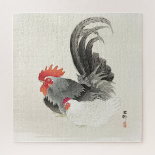 Schwierige Vintage-Japanische Hahn-und-Henne-Kunst Puzzle