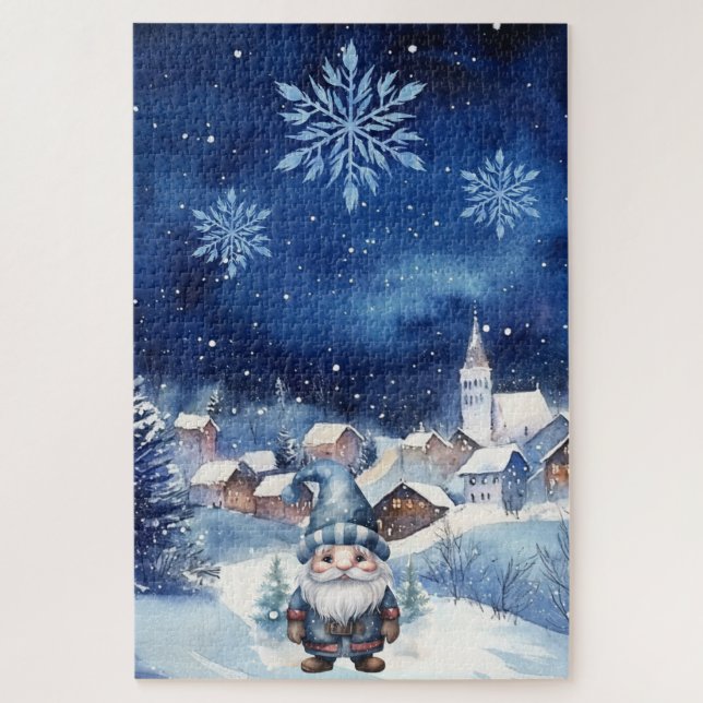 Schwieriges Blue Winter Weihnachtsdorf & Gnome Puzzle (Vertikal)