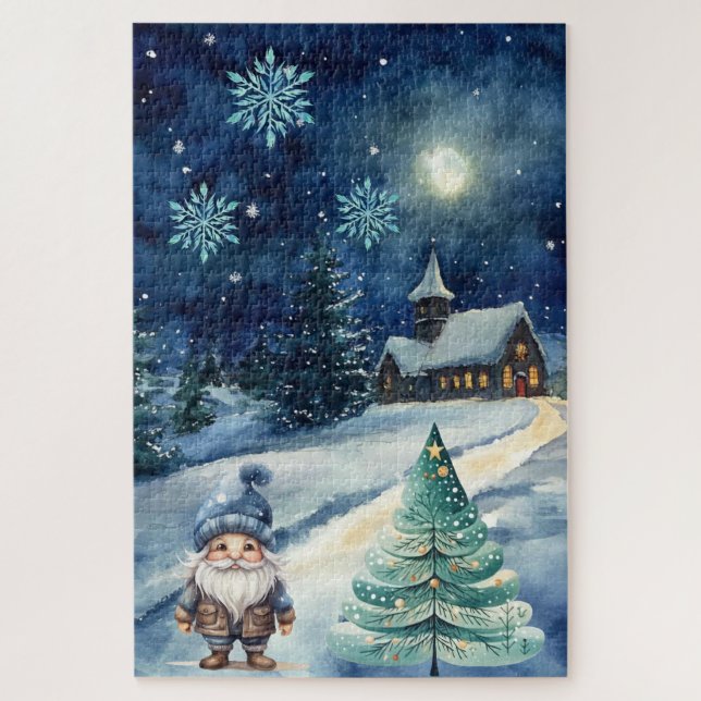 Schwieriges Blue Winter Weihnachtsdorf & Gnome Puzzle (Vertikal)