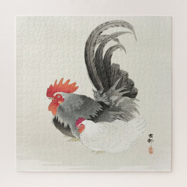 Schwierigkeit Vintage Japanese Rooster and Hen Art Puzzle (Vertikal)