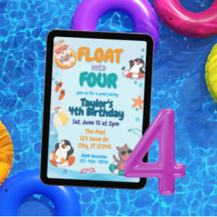 Schwimm hinein in Vier, Pool-Tiere 4. Geburtstag Einladung