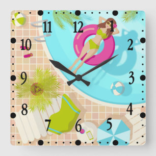 Schwimmbad Mädchen im Bikini Sommerstrand Quadratische Wanduhr