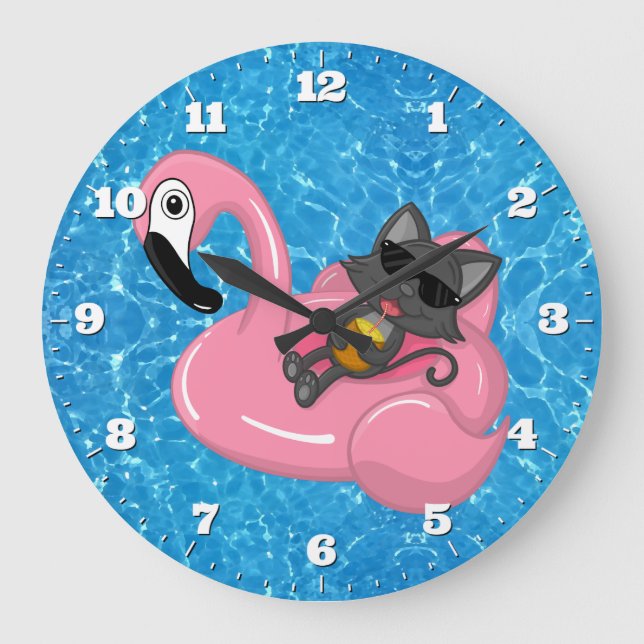 Schwimmbad Niedlicher Kat Flamingo Blauer Wassersp Große Wanduhr (Vorderseite)