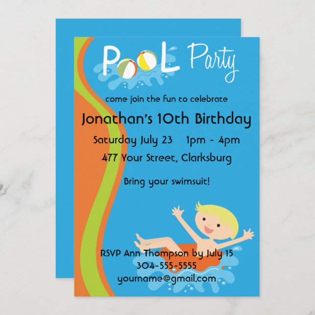 Schwimmbad Party Boy Blonde Einladung (Vorne/Hinten)