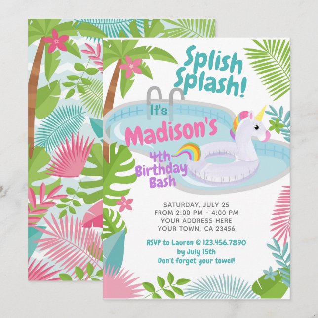 Schwimmbad Party Einicorn Einladung (Vorne/Hinten)