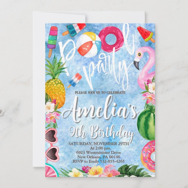 Schwimmbad Party Geburtstag, Party, jedes Alter Einladung (Vorderseite)
