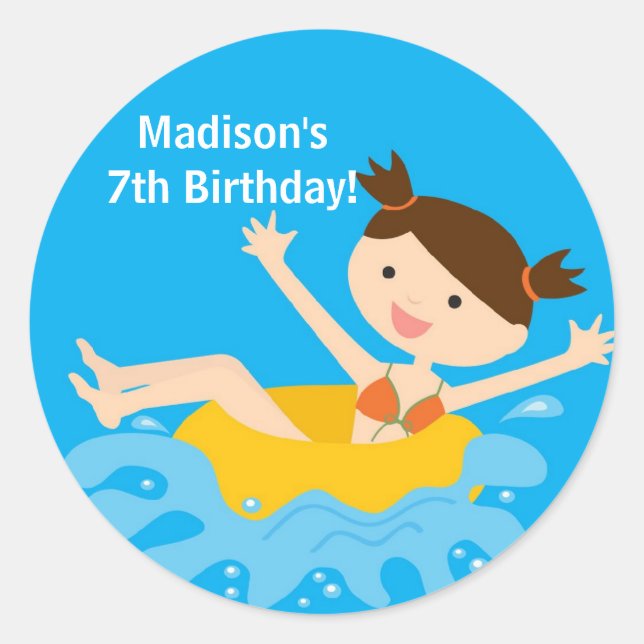 Schwimmbad Party Geburtstagsaufkleber Runder Aufkleber (Vorderseite)