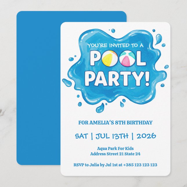 Schwimmbad Party Splash Geburtstag Einladung (Vorne/Hinten)