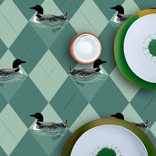 Schwimmbad Vögel Grüne Raute Hüttendekor Tischdecke (Lake cabin Loon pattern green argyle tablecloth)