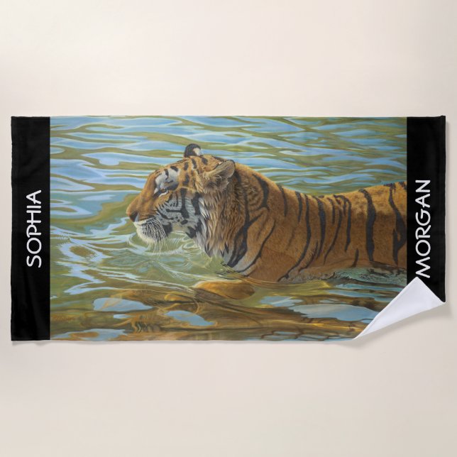 Schwimmen der Tiger Kunst, Persönliche Namen, Schw Strandtuch (Vorderseite)