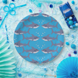 Schwimmen-Haifisch-Muster-blauer Pappteller