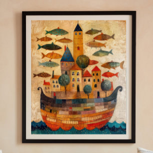 Schwimmende Burg auf einem Schiff Folk Art Poster