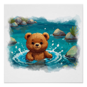 Schwimmender Baby-Teddybär-Karikatur Poster