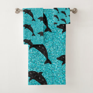 Schwimmender Delfin Schwarz Glitter Ozean Tiere L Badhandtuch Set