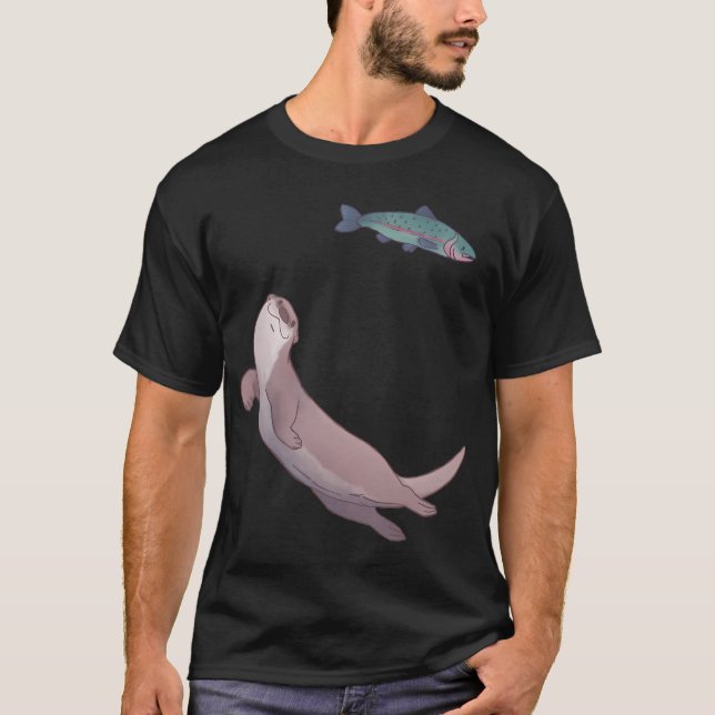 Schwimmender Flussotter und Forellendesign T-Shirt (Vorderseite)