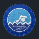 Schwimmgeschenke, Schwimmer auf einem blauen Kreis Dartscheibe<br><div class="desc">Schwimmgeschenke, Schwimmer auf einem blauen Kreis individuelles Geschenkdesign mit einer minimalistischen weißen Ikone eines Schwimmers auf einem zweifarbigen blauen Kreislauf-Meer und Himmel und einer blauen Grenze. Dieses coole Design ist eine Vorlage und ist vollständig anpassbar. Personalisieren Sie es und ändern Sie Text mit Monogramm, Namen oder Ihrer Nachricht. Die perfekte...</div>