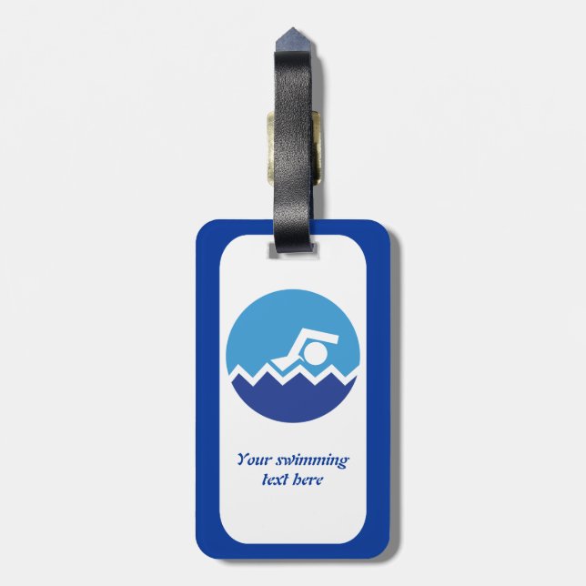 Schwimmgeschenke, Schwimmer auf einem blauen Kreis Gepäckanhänger (Rückseite vertikal)