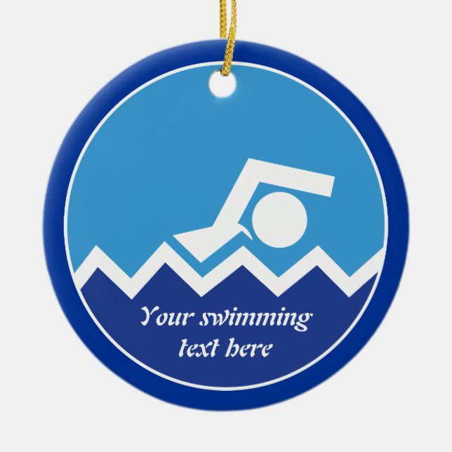 Schwimmgeschenke, Schwimmer auf einem blauen Kreis Keramik Ornament (Vorne)