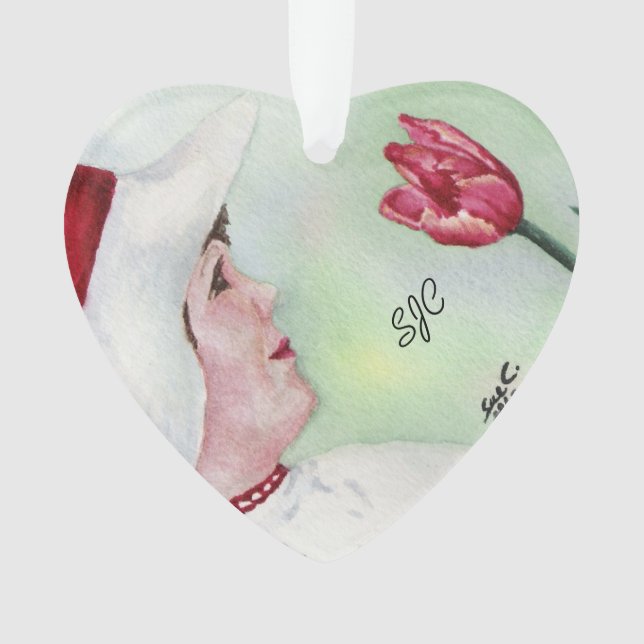 SCHWIMMMÄDCHEN MIT ROTEN BLUME-VALENTINORNAMENS ORNAMENT (Vorderseite)