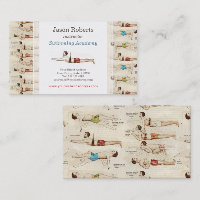 Schwimmschule Lehrer Vintag Französisch Visitenkarte (Vorne/Hinten)