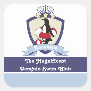 Schwimmverein-Wappen Süßer Cartoon-Pinguin Kinder Quadratischer Aufkleber