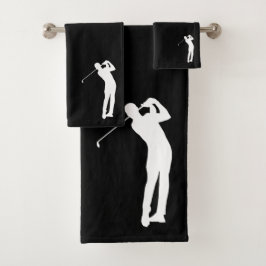 Schwingen der Golfer-Silhouette Schwarz Badhandtuch Set