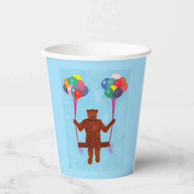 Schwingen des Teddy-Bären auf Ballon Swing Birthda Pappbecher (Vorderseite)