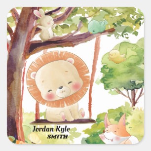 Schwingen Löwe, Fox, Sonne und Vögel Weiße Natur Quadratischer Aufkleber