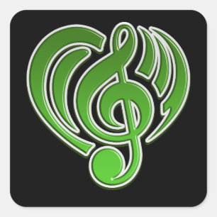 Schwingungen Musikalische Liebe Grünes Herz Musikn Quadratischer Aufkleber