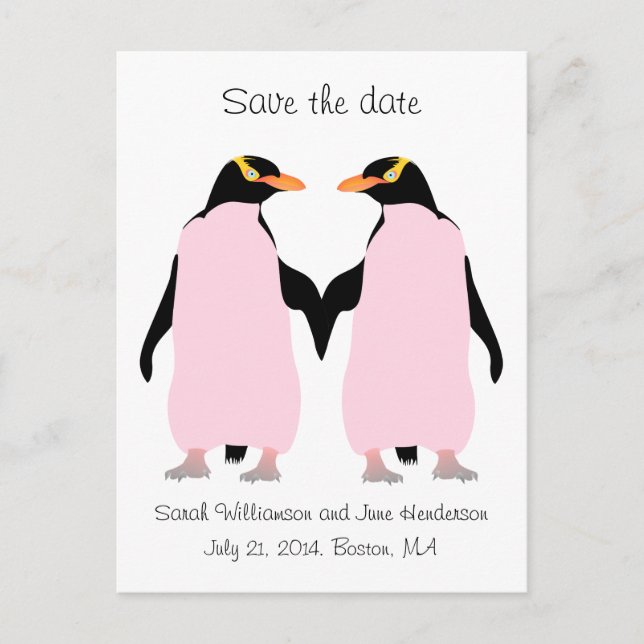 Schwul Save the Date, rosa Pinguine Ankündigungspostkarte (Vorderseite)