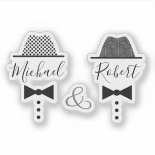 Schwule Hochzeitshut und Fliege Name Aufkleber