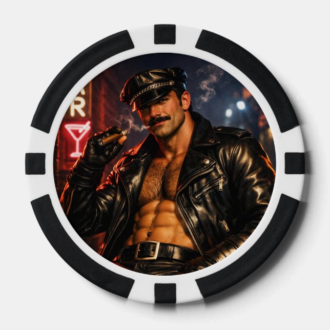 Schwuler Leder-Daddy 1970er Biker-Pokerchips – Dop Pokerchips (Vorderseite)