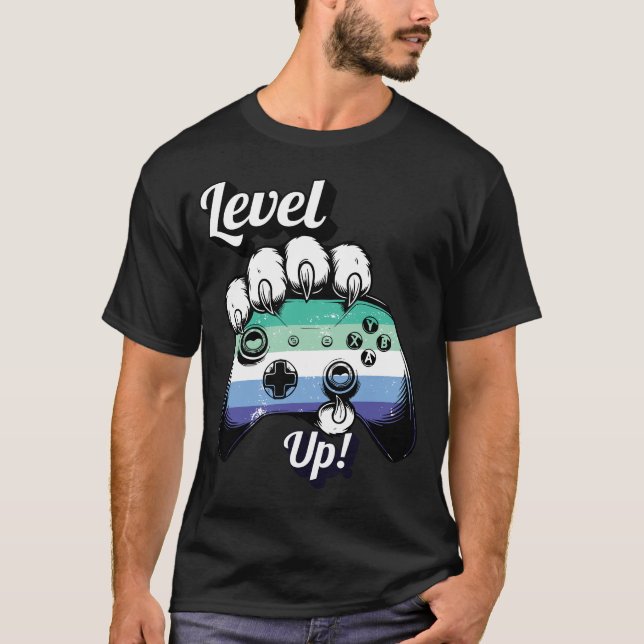 Schwules MLM-Pride-Level-Up-Tigerpfoten-Controller T-Shirt (Vorderseite)
