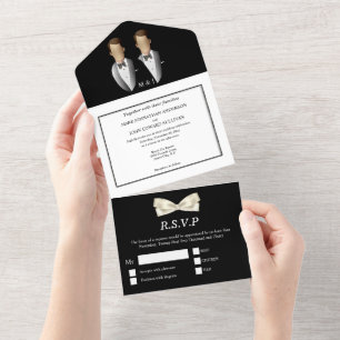 Schwules Paar LGBTQ Hochzeit formeller Smoking All In One Einladung