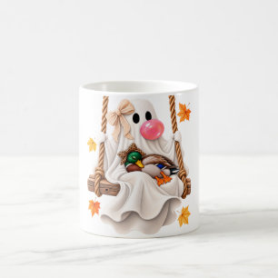 Schwungvolle Herbst-Halloween-Ente mit koketter Ge Kaffeetasse