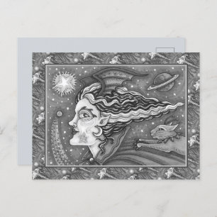 SCI FI SPACE WITCH & COMET CAT BLK/WHITE HALLOWEE FEIERTAGSPOSTKARTE