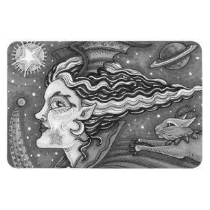 SCI FI SPACE WITCH & COMET CAT HUMOROUS HALLOWEW MAGNET