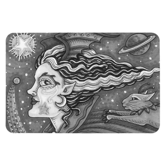 SCI FI SPACE WITCH & COMET CAT HUMOROUS HALLOWEW MAGNET (Horizontal)